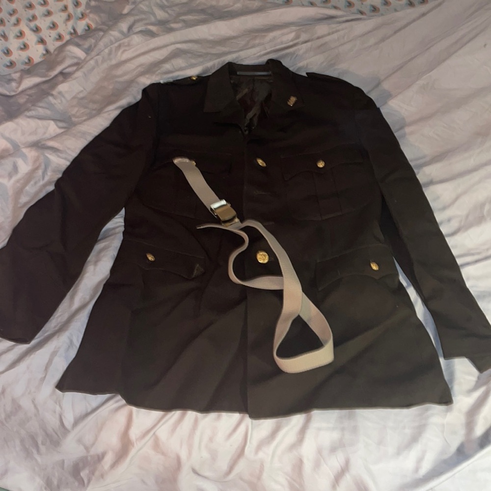 VINTAGE Military Coat with medals and belt size large